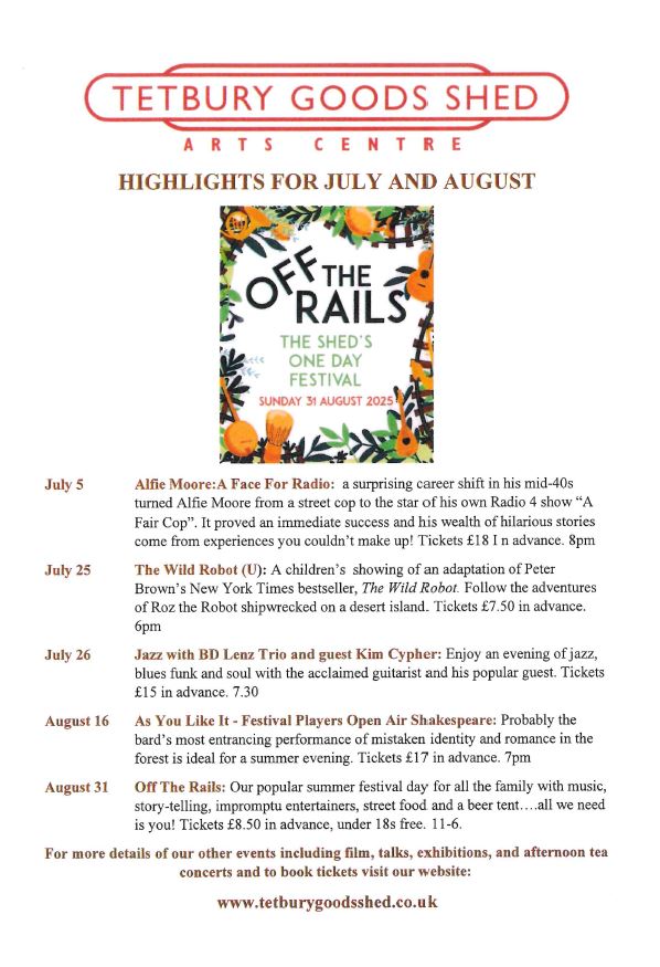 Tetbury Goods Shed - Highlights for July and August 2025